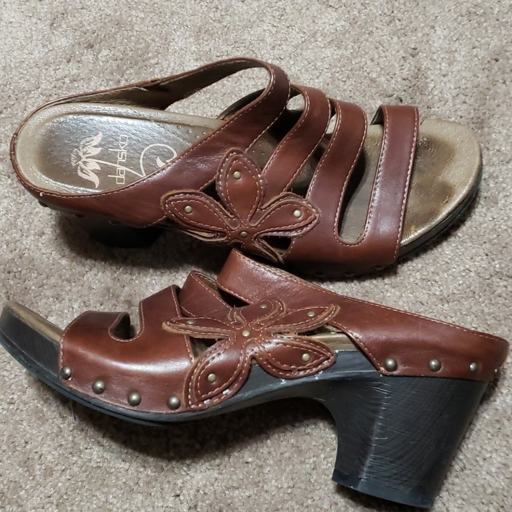 Dansko leather brown heeled sandals floral studded
